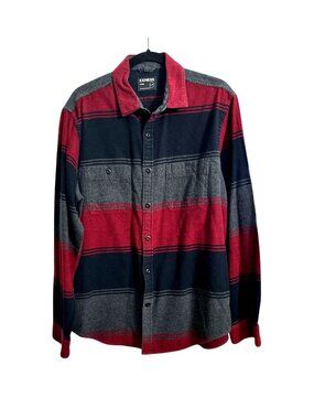 Express Mens Flannel Shirt XL Red/Gray/Black Stripe Button-Down Casual Long Slee